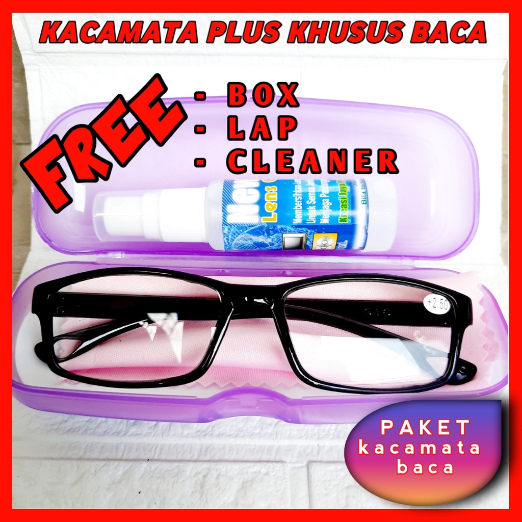 PAKET kacamata baca plus gratiis box + Lap + cleaner pembersih