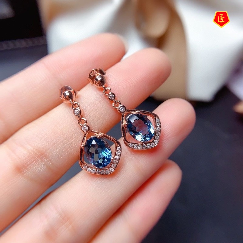 [Ready Stock]Natural Blue Topaz Stud Earrings for Women 14K Rose Gold