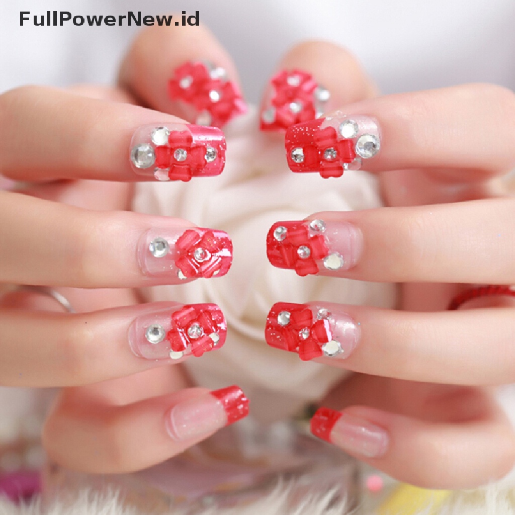 [KUKU PALSU] 24 Pcs/Set Red French Bride 3D Fake Nails Wrapped Tips Artificial False Nail .