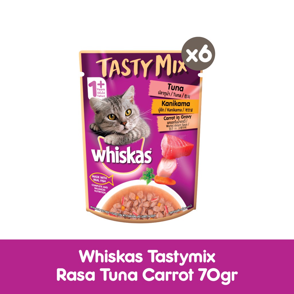 WHISKAS® Tasty Mix Makanan Kucing Basah Pouch 70gr - Isi 6-Chicken Tuna Carrot