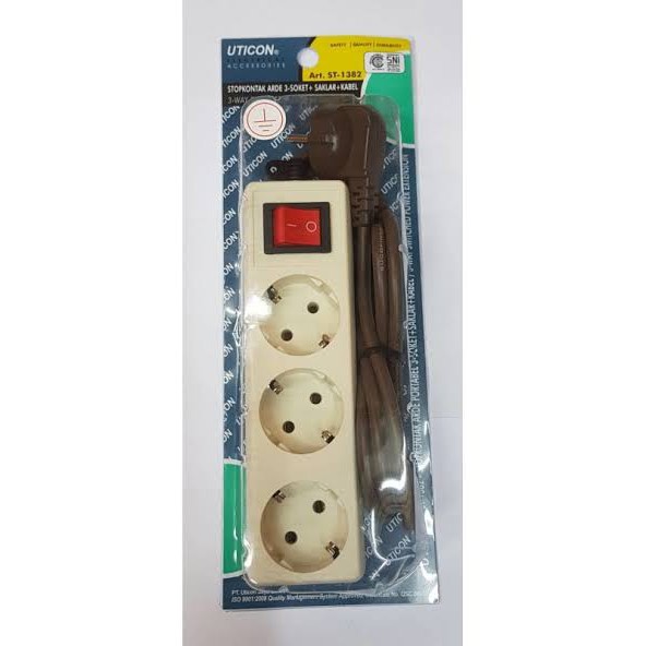 Stop kontak arde 3L + kabel + saklar/ cok sambung Uticon/ Uticon ST 1382/ ST1382