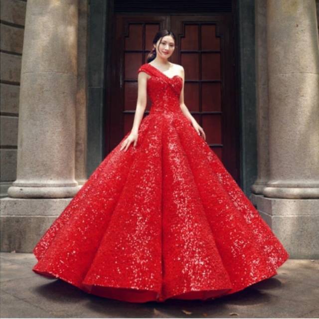 Gaun Pengantin Gaun Pesta Pernikahan Merah Elegant Mewah Satu Bahu Payet Bling Bling Merah 1