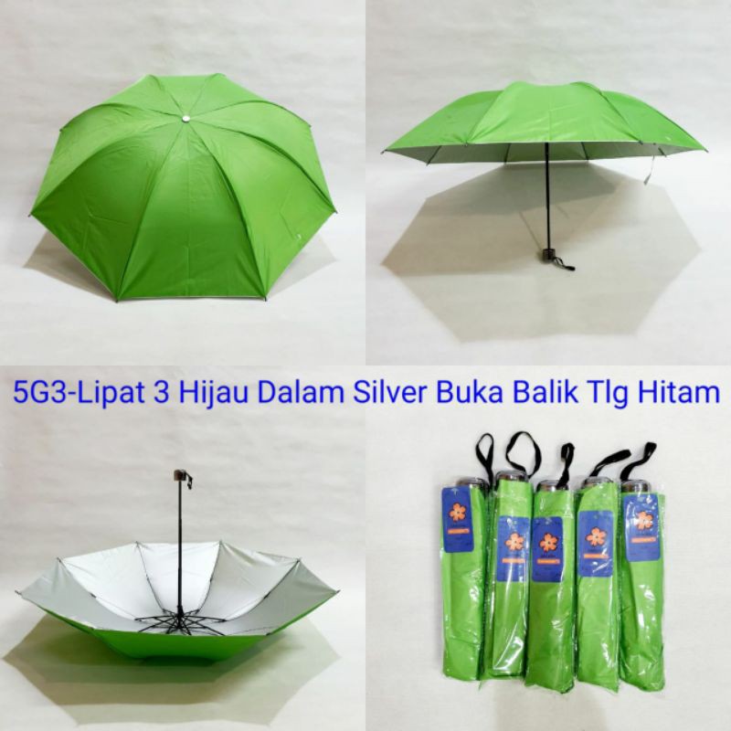 Payung Lipat 3 warna HIJAU bawah Silver UV Protection + Sablon Custom 1 film 1 warna 4 sisi