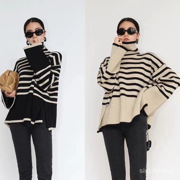 #Sisjuly# Jaket Pullover Rajut Longgar Wanita Bergaris Turtleneck Baru