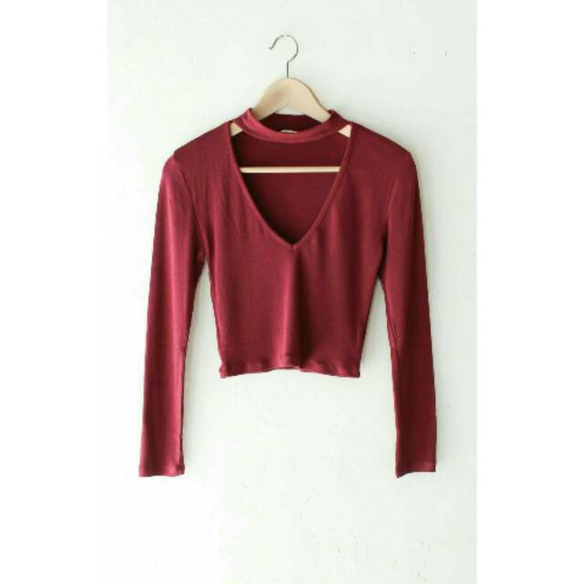 Atasan kaos wanita crop top Leher V turtle neck
