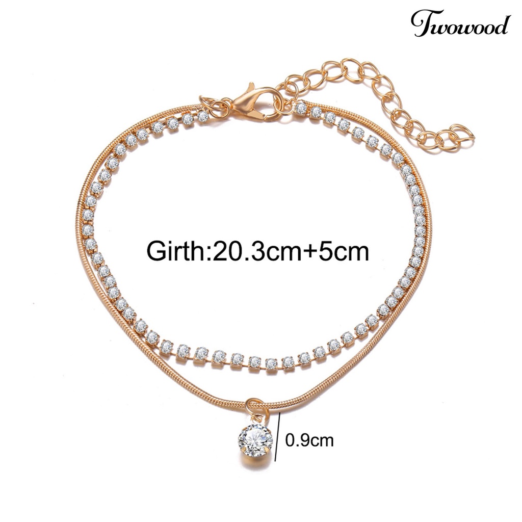 Twowood Double Layered Rhinestone Pendant Women Anklet Alloy Full Rhinestone Snake Chain Beach Anklet Foot Jewelry