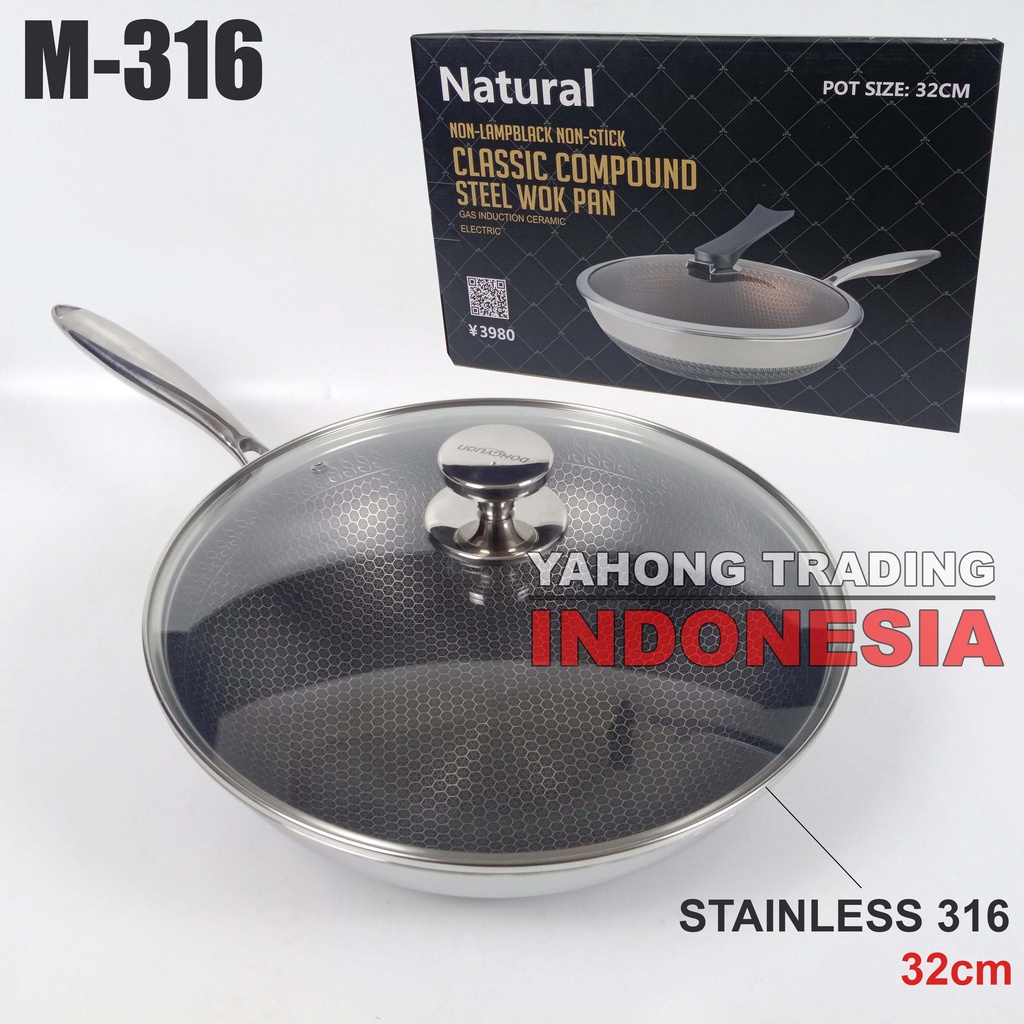 Natural Panci Stainless 316 32cm Classic Compound Steel Wok Pan