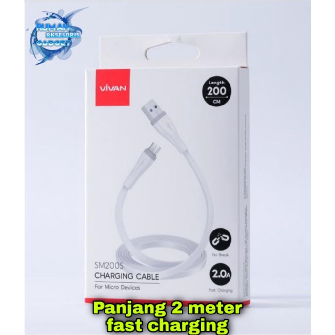 Kabel data Vivan Micro USB SM200S 2A TIPE C SC200S 2,4A flat panjang 200 cm fast charging