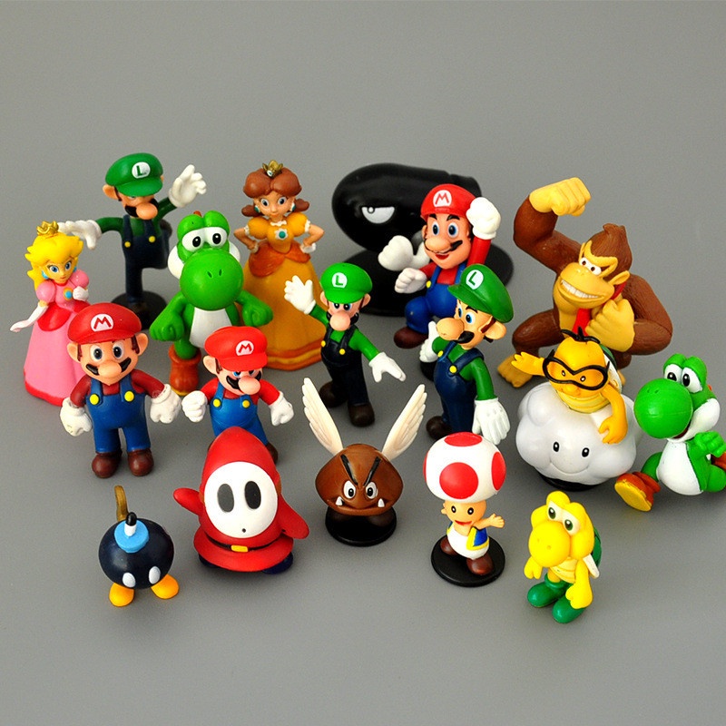18pcs / set Mainan Action Figure Super Mario Bros Yoshi Peach Princess Luigi Shy Guy Odyssey Keledai Kong Bahan PVC