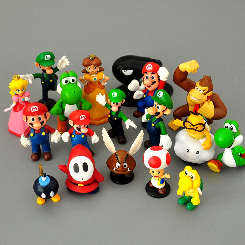 18pcs / set Mainan Action Figure Super Mario Bros Yoshi Peach Princess Luigi Shy Guy Odyssey Keledai Kong Bahan PVC