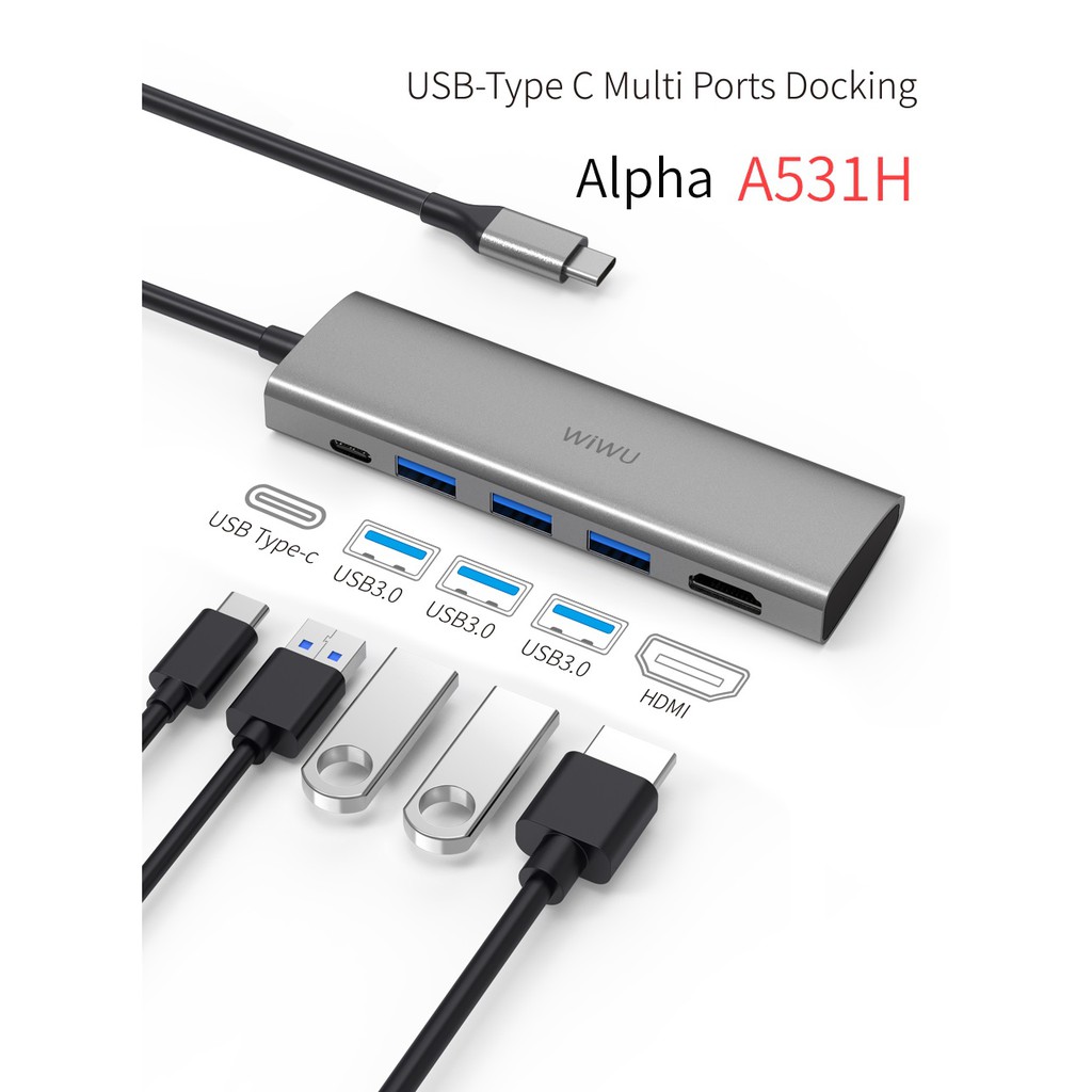 WIWU ALPHA A531H - 5-in-1 USB-C Hub - HDMI - USB3.0 - PD Charging Port - USB-C Extension Port