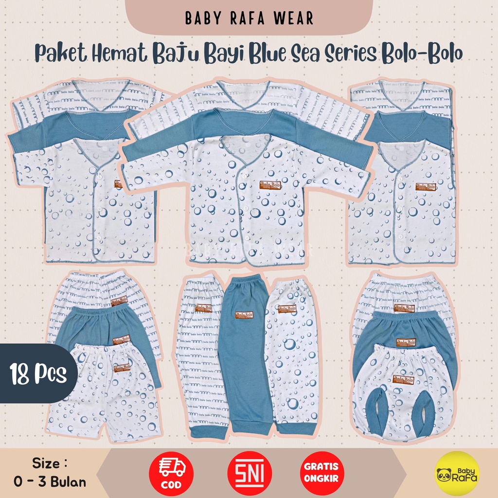 Serian Biru - 18 PCS Paket Lahiran Setelan Baju Bayi Celana Bayi Baru Lahir Gift Set Baby merk SNI Bolo - Bolo BLUE SEA SERIES