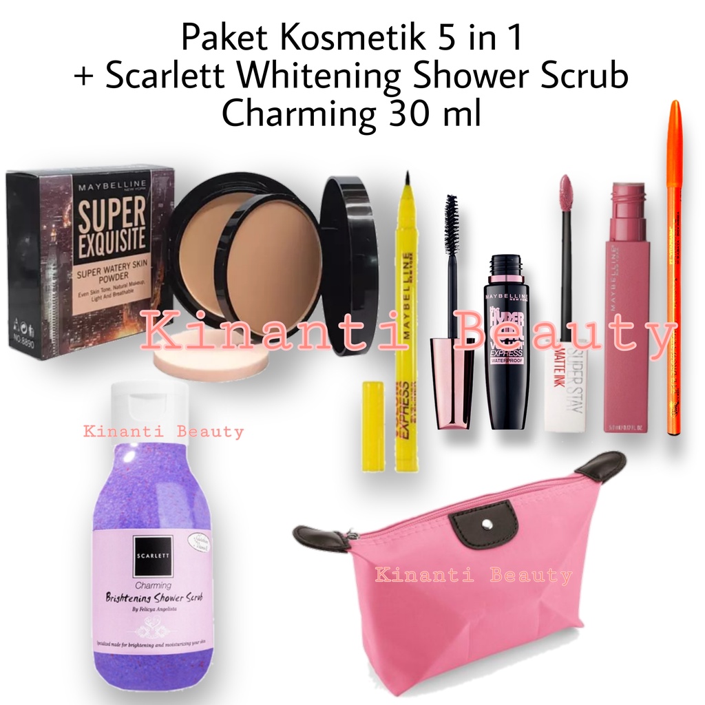 Paket Kosmetik Maybelline 5 in 1 + Scarlett Whitening Shower Scrub Original - Bedak - Maskara - Eyeliner - Lipcream - Pensil Alis - Scarlett Whitening Shower Scrub Charming - Jolly - Freshy - Gratis Tas Kosmetik Pouch