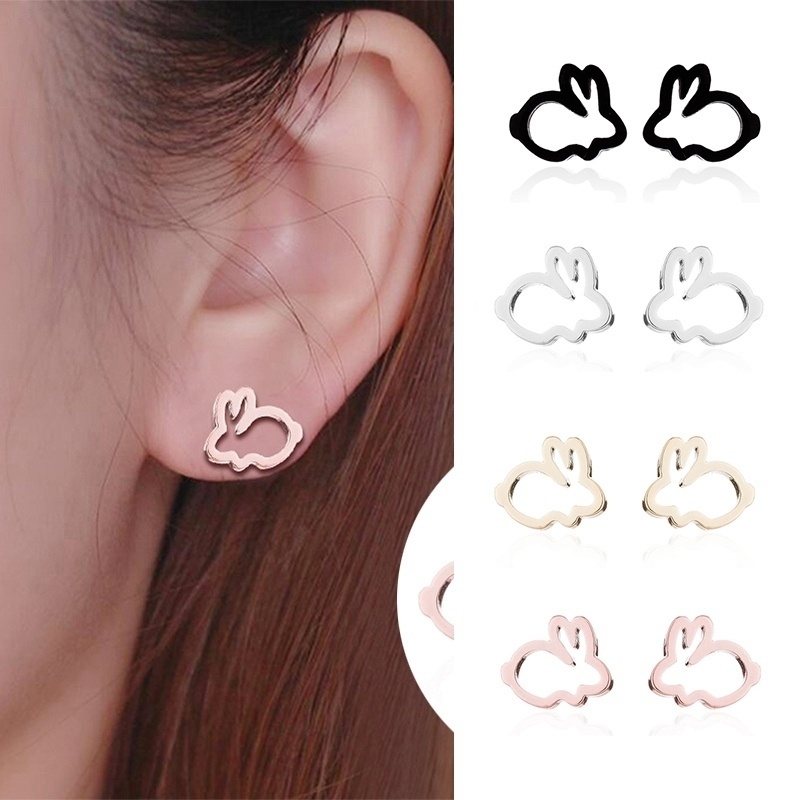 Anting Bentuk Kelinci Model Hollow Bahan Stainless Steel Gaya Korea Untuk Hadiah
