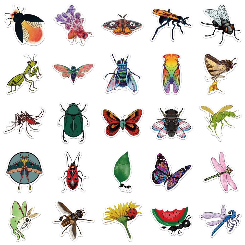 50PCS Nature Insect Stickers Animal Ant Ladybug Sticker for Bicycle Luggage Laptop Car Decal Educational Toys Stickers