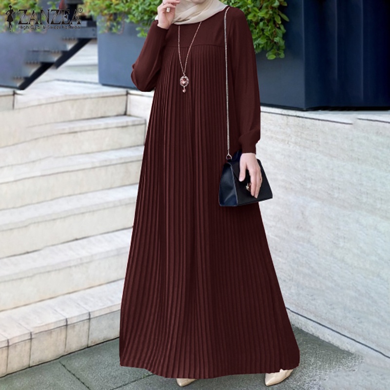 ZANZEA Women Retro Muslim Morocco Kaftan Dress Solid Full Sleeve O Neck Pleated Swing Long Dress