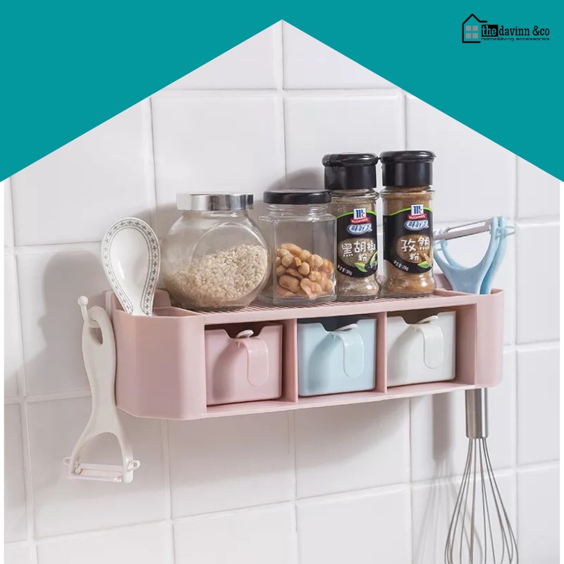 SET 4 Tempat Bumbu Dapur Serbaguna Termasuk Sendok Rak dinding kotak tempat Bumbu Dapur set penyimpanan bumbu masak peralatan perlengkapan perabotan dapur Tempel Susun dinding Gantung serbaguna 3 Sekat plastik kayu aesthetic Minimalis Portable Murah