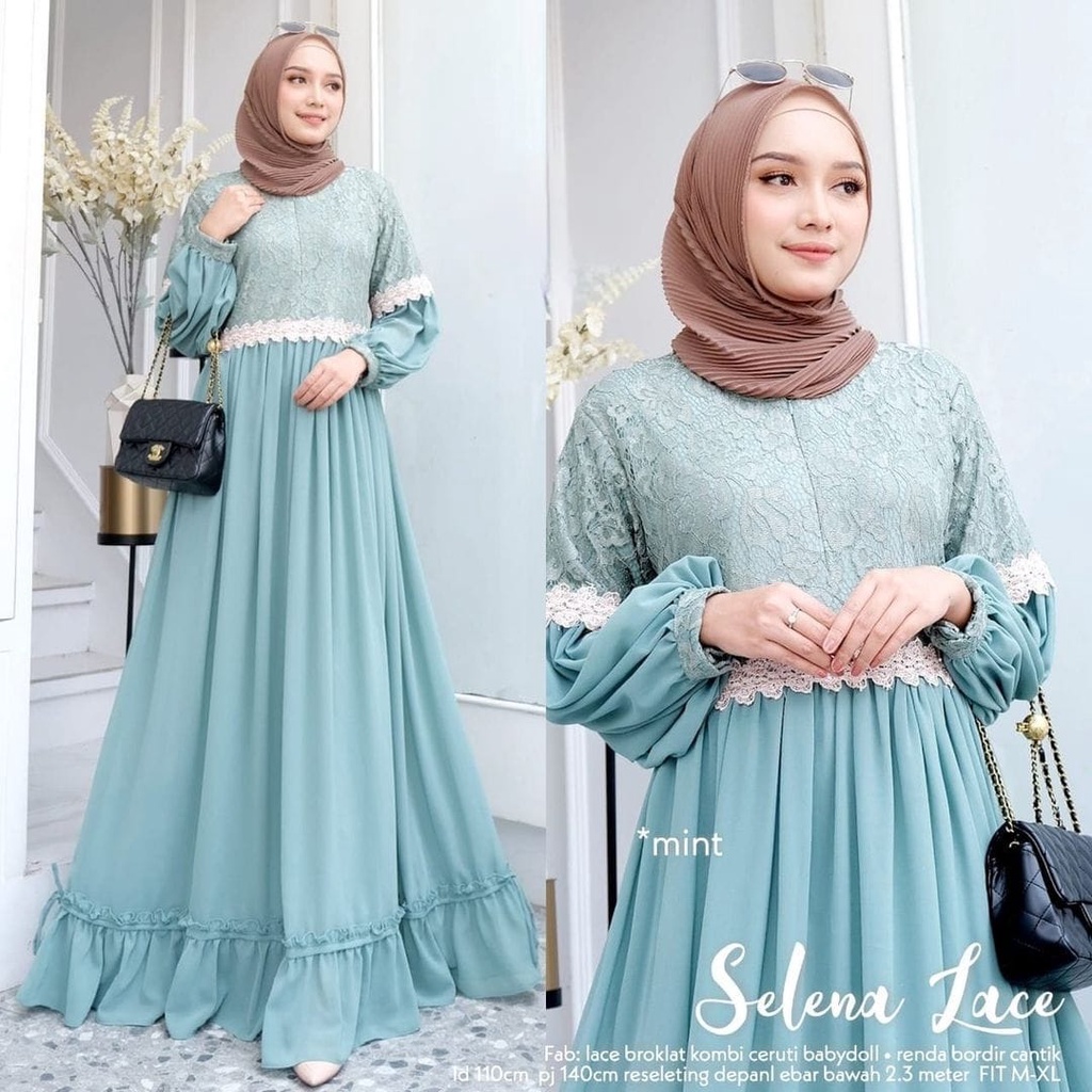 Bisa COD' Selena Lace Maxy Bahan Ceruty Mix Brukat Gamis Wanita Terbaru 2022 Original Baju Muslim Ke