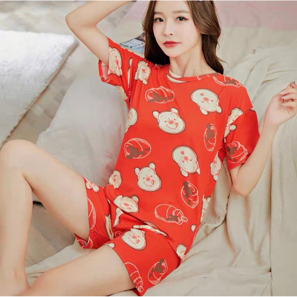 Baju Tidur Piyama Set/Piyama Wanita Import/Baju Piyama Pendek/Short Sleep Wear-K3-Merah Bear