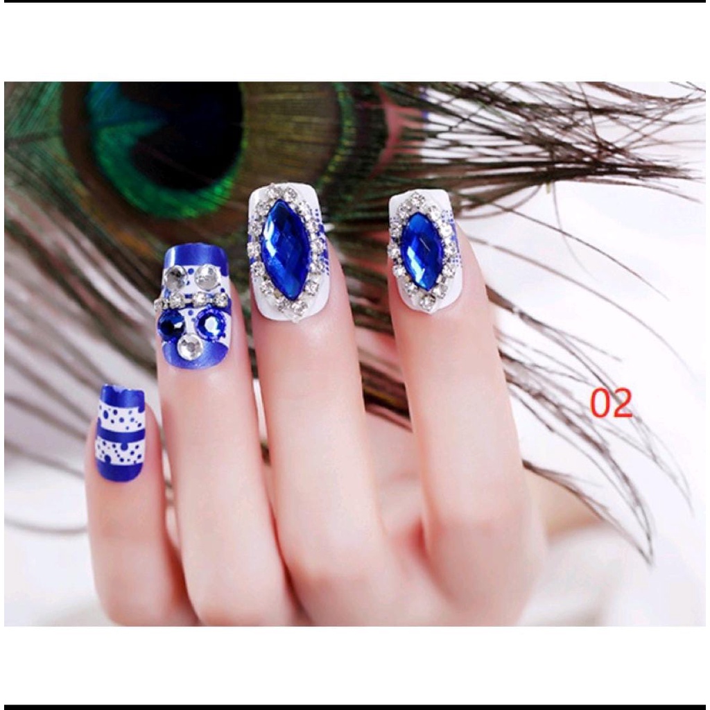 24PCS BLUE WEDDING FAKE NAILS KUKU PALSU WARNA BIRU PERNIKAHAN KUPAL WEDDING RHINESTONE / KUKU PALSU