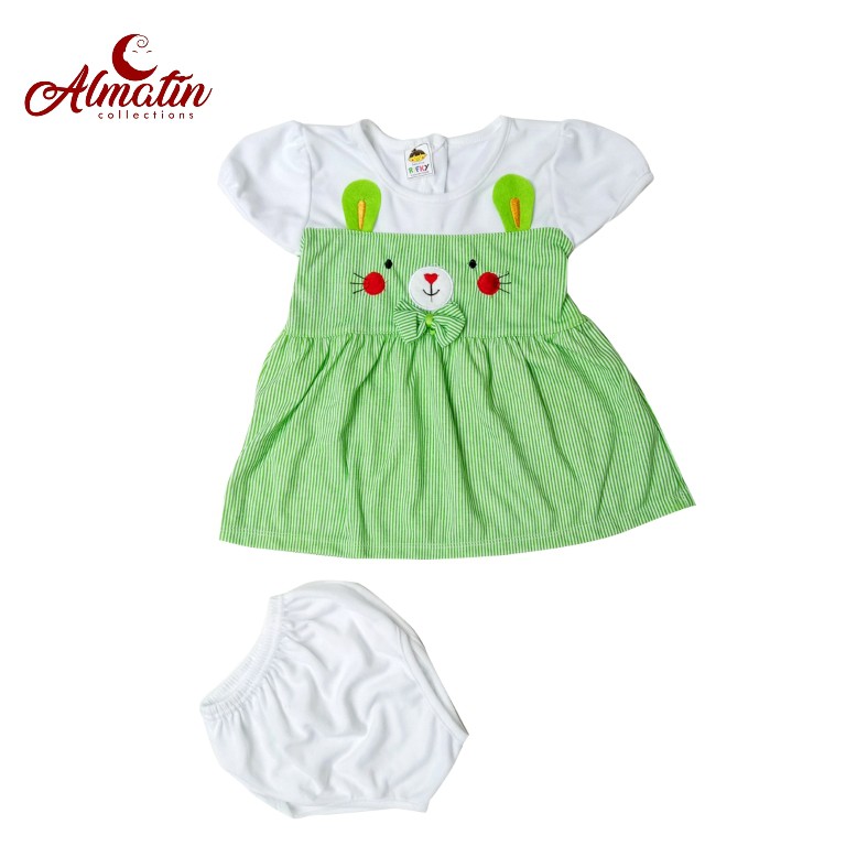 Setelan Baju Bayi Perempuan / 3Dress Anak Karakter Lucu / Dress Anak Bayi Motif Rabbit Salur (3STEL)