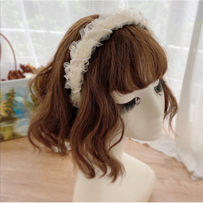 Bando Pita Renda Korea / Bandana Scrunchies Kerut Lebar Mutiara Lesman