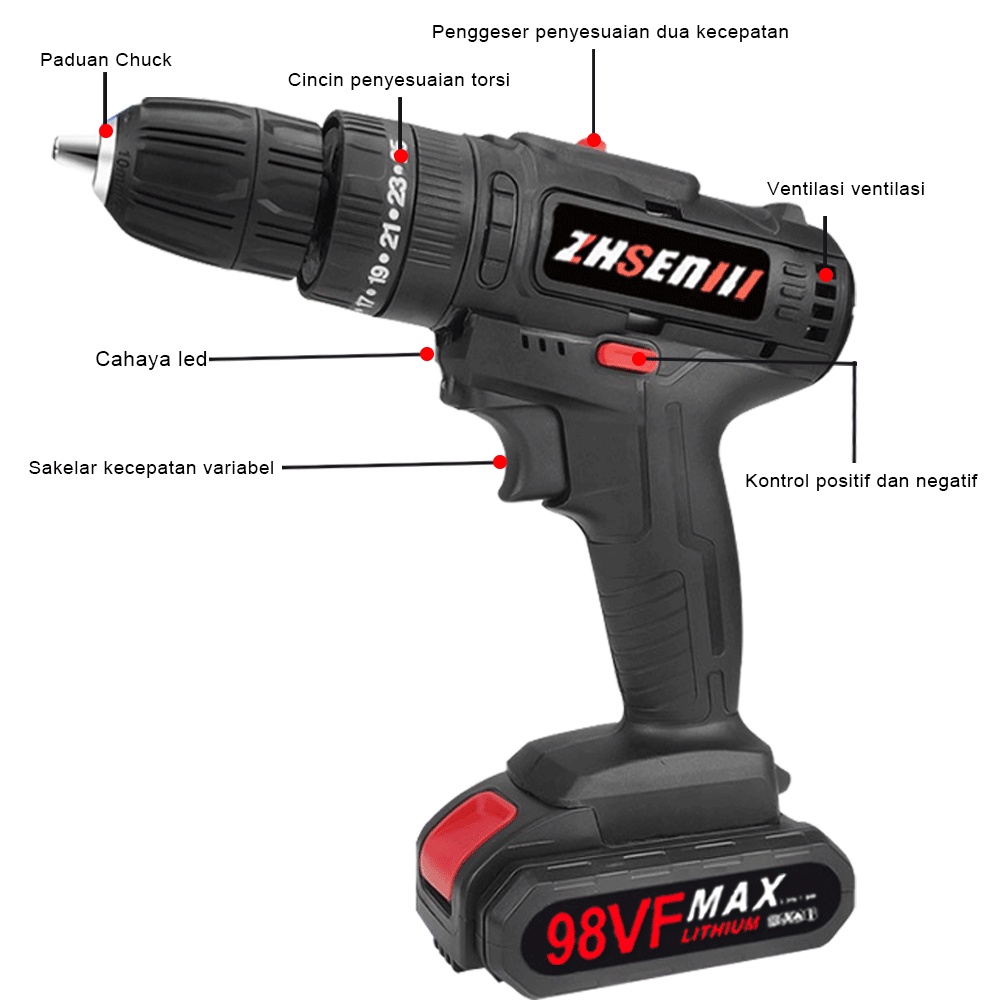 108V Mesin Smart Bor Baterai / Bor Listrik Set / Bor Dampak / Mesin Bor Cordless Drill / Beton Besi Kayu Full 98Vf Set Pilihan Bor Tanpa Kabel Bor Listrik Bor Tanpa kabel Set Lengkap Mata Bor Cordless Drill Full Set Of Drill Bits