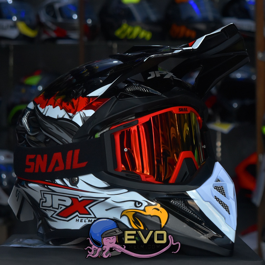 HELM JPX CROSS_FOX1 SERI X39 BLACK GLOSSY SUPERBLACK + GOOGLE SNAIL (ONGKIR 2 KG), PAKET GOOGLE SNAIL ORIGINAL - HELM JPX CROSS PAKET GANTENG JPX FOX1 CROSS HELM JPX TERBARU-MX40 MATT RED/RED