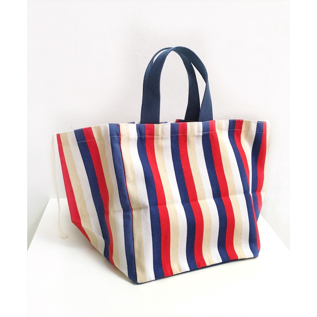 Shopping bag / grocery bag / box bag kanvas stripe red blue size 26x26x30