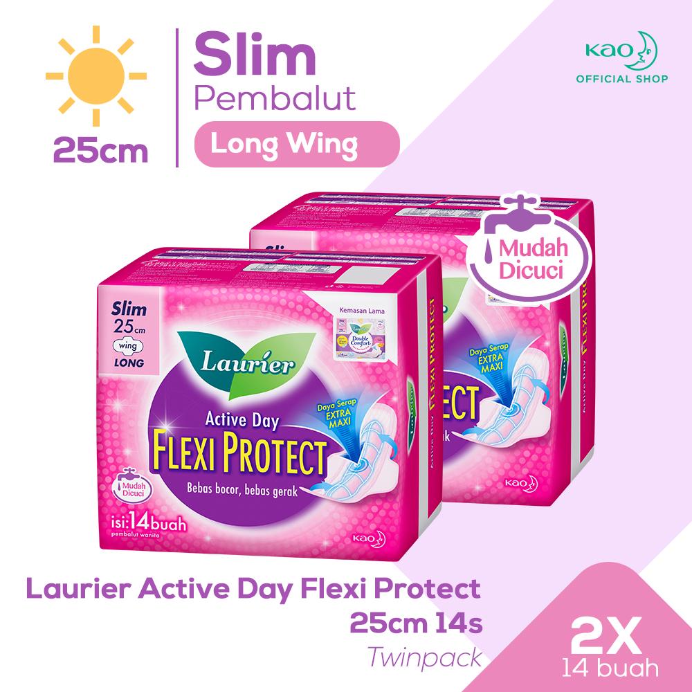 Laurier Flexi Protect Pembalut Wanita Bebas Gerak Seharian Saat Hari Deras 25cm Long Wing Daya Serap Ektra Isi 14 Buah Twin Pack