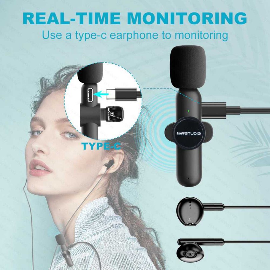 TAFFSTUDIO Mic Clip On Wireless Dual Dua Microphone Bluetooth Vlogger Youtuber Podcast For Type C / Lightning