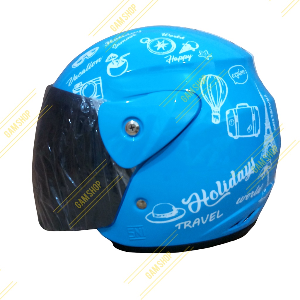 HELM EVOLUTION MODEL GM EVO MURAH HALF FACE MOTIF TRAVELING BIRU UNTUK PRIA DAN WANITA DEWASA COD