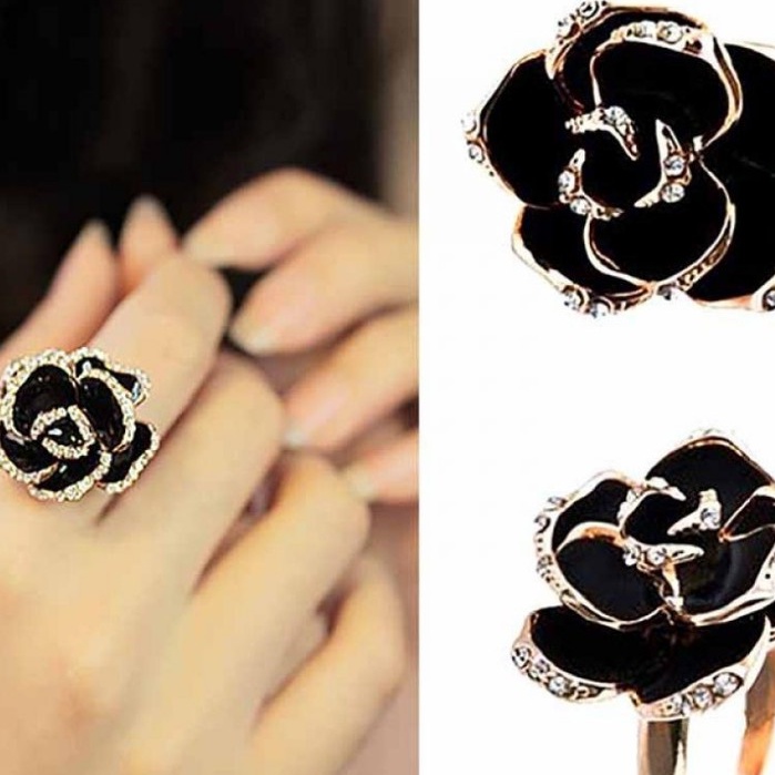 ✿AYN✿ cincin bunga hitam FA66 Wanita simple elegant kekinian korean