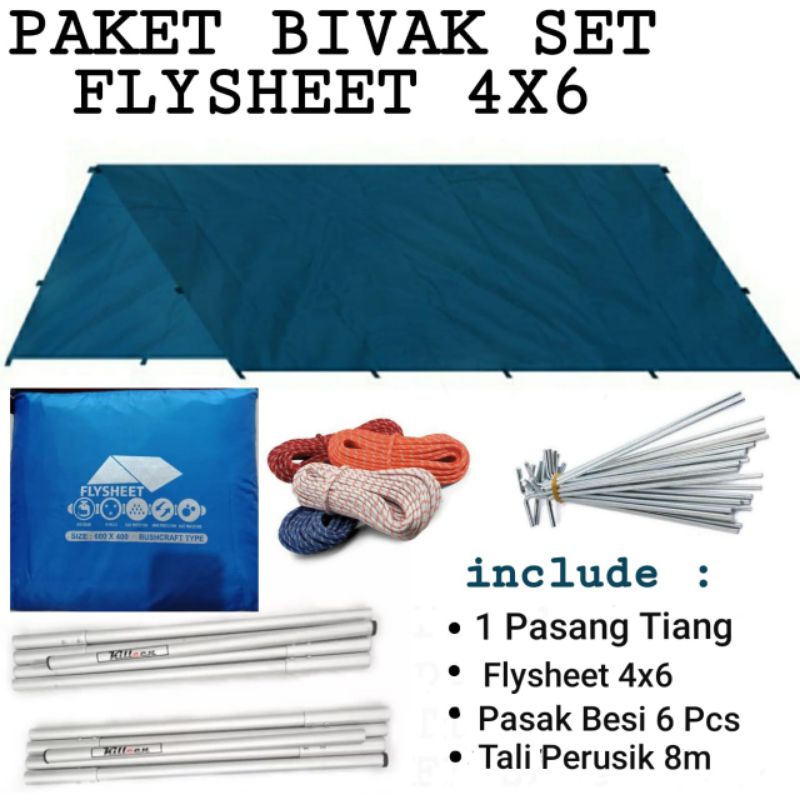 Paket Bivak Set Flysheet 4x6 Waterproof Include Tiang Pasak Dan Tali
