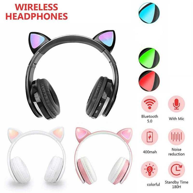 Headphone Headset Wireless Bluetooth Telinga Kucing Cat Ear + Mic Warna Pink