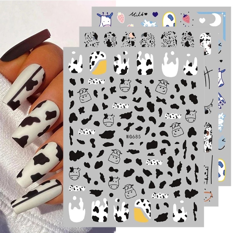 1 Lembar / Pak Stiker Kuku Transfer Air Motif Sapi / Kupu-Kupu / Geometri 3d Untuk Nail Art Diy