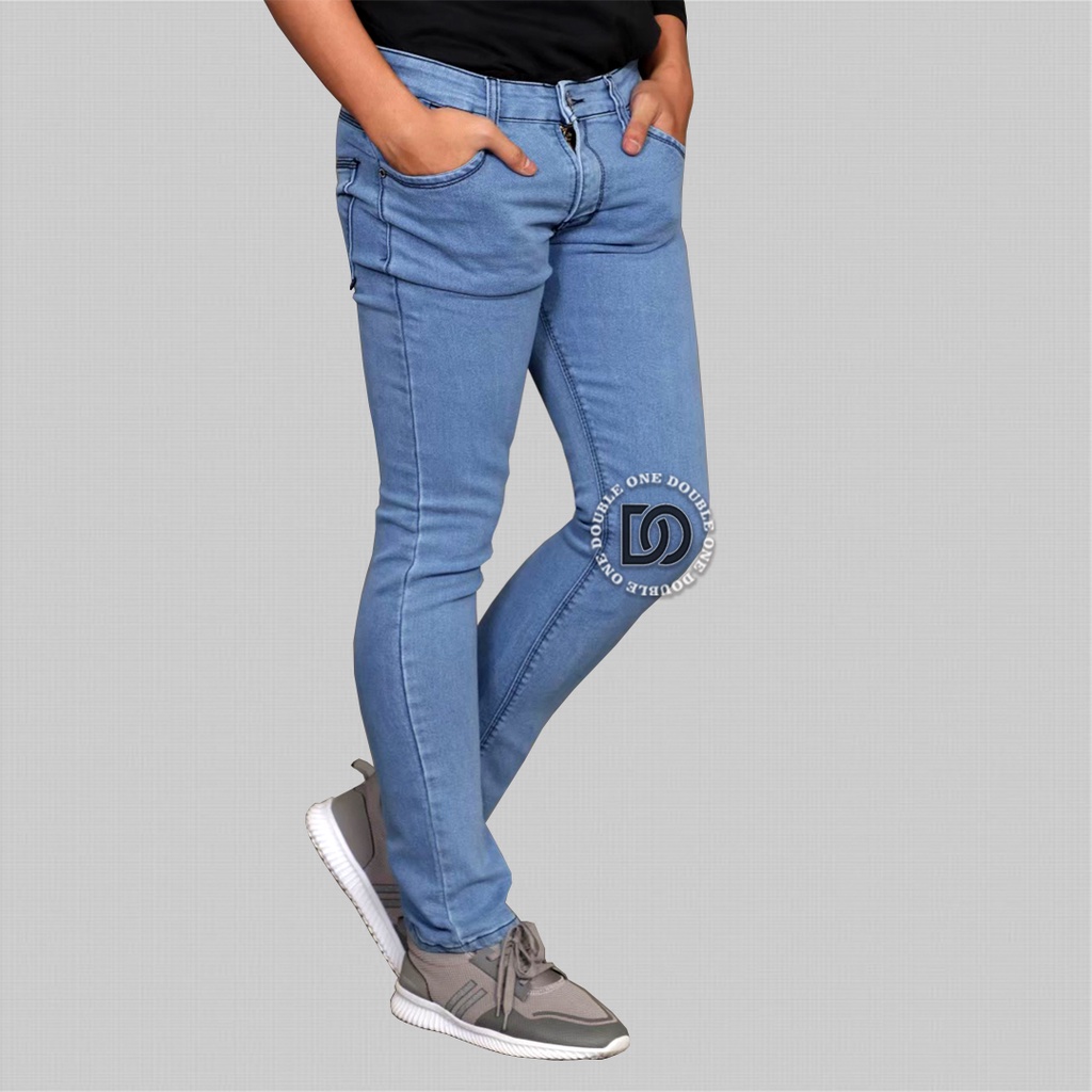 DOUBLE ONE Celana Jeans Panjang Pria Slim Fit Original FIFTEEN DENIM Biru Muda Polos