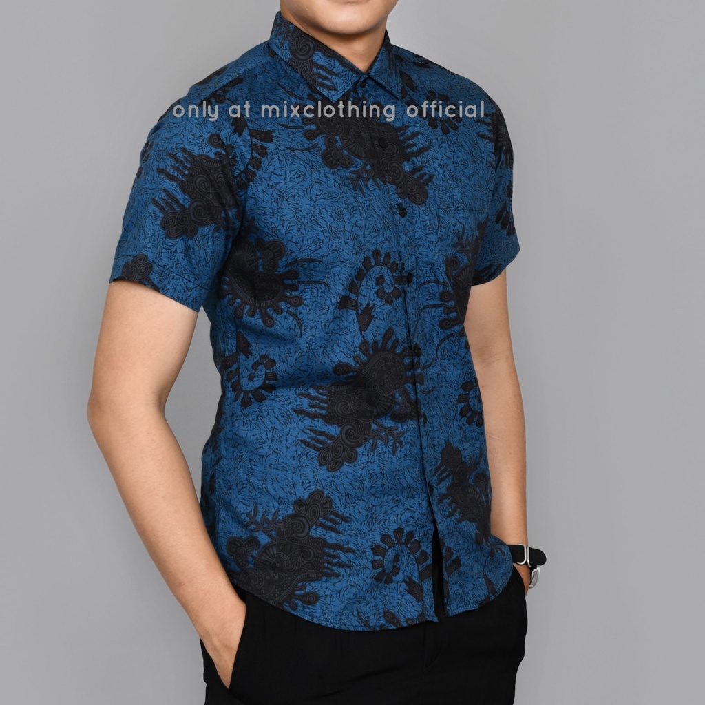 New Premium Baju Kemeja Batik Pria SlimFit Lengan Pendek Biru Vivid Blue 1832