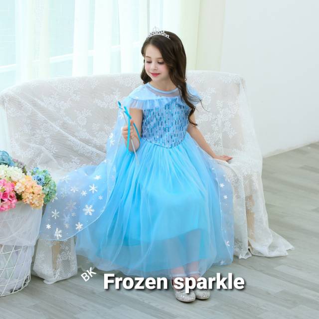 DRESS PRINCESS ELSA FROZEN SPARKLE / GAUN PESTA ANAK PEREMPUAN IMPORT BAGUS