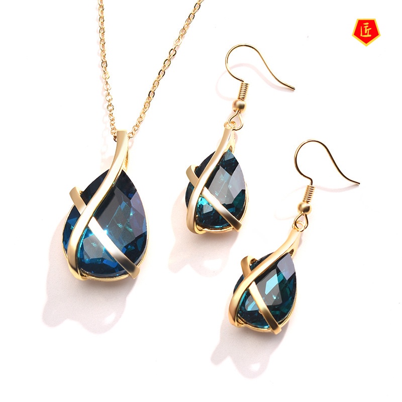 [Ready Stock]Personality Fashion Inlaid Peacock Blue Necklace and Earrings Suite