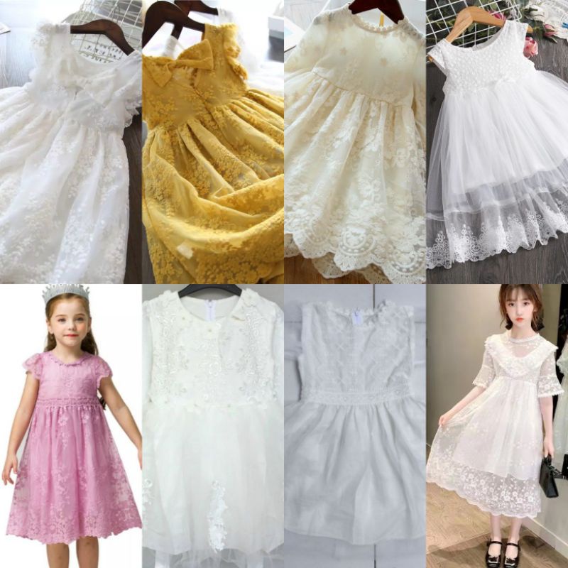 Dress renda brokat pesta putih anak import 2-11th kuning ungu biru brukat premium bunga katun