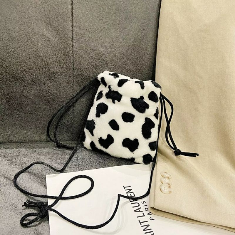 Tas Serut Lucu Tas Selempang Wanita Tas selempang serut motif Tas Bulu Cow Milk Matrial Bulu Lembut tas serut wanita