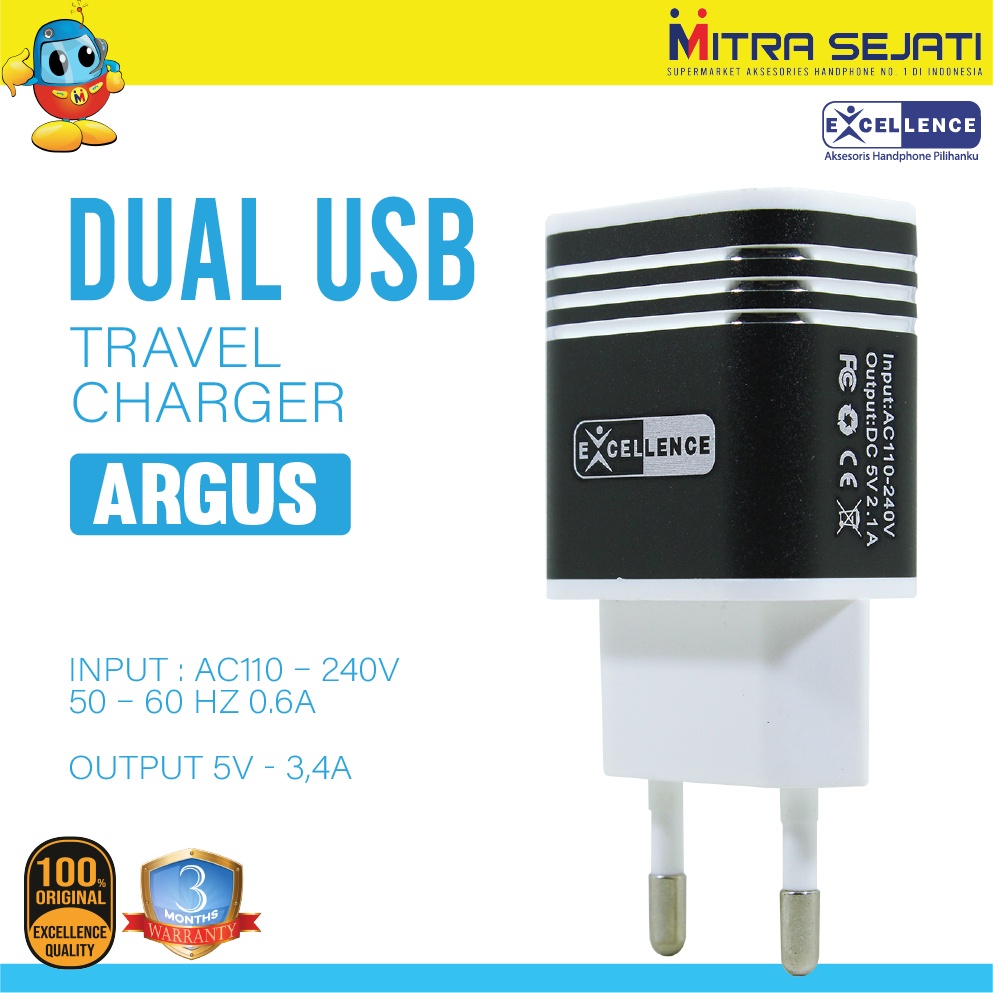 Travel Charger Excellence 3.0 2 USB Argus iPhone/Micro USB/Type-C
