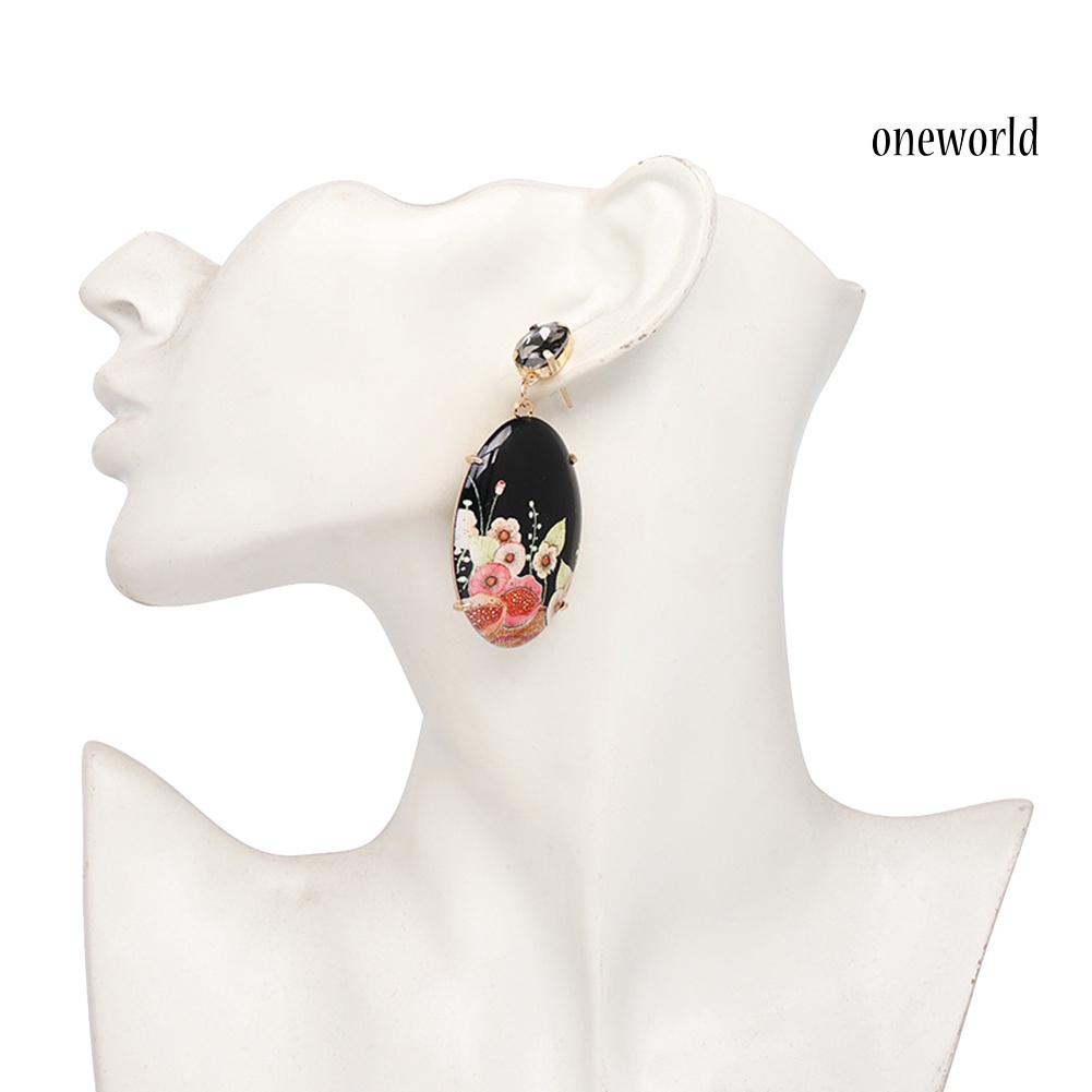 OW@ Elegant Women Resin Oval Shape Flower Pendant Earrings Rhinestone Inlaid Jewelry