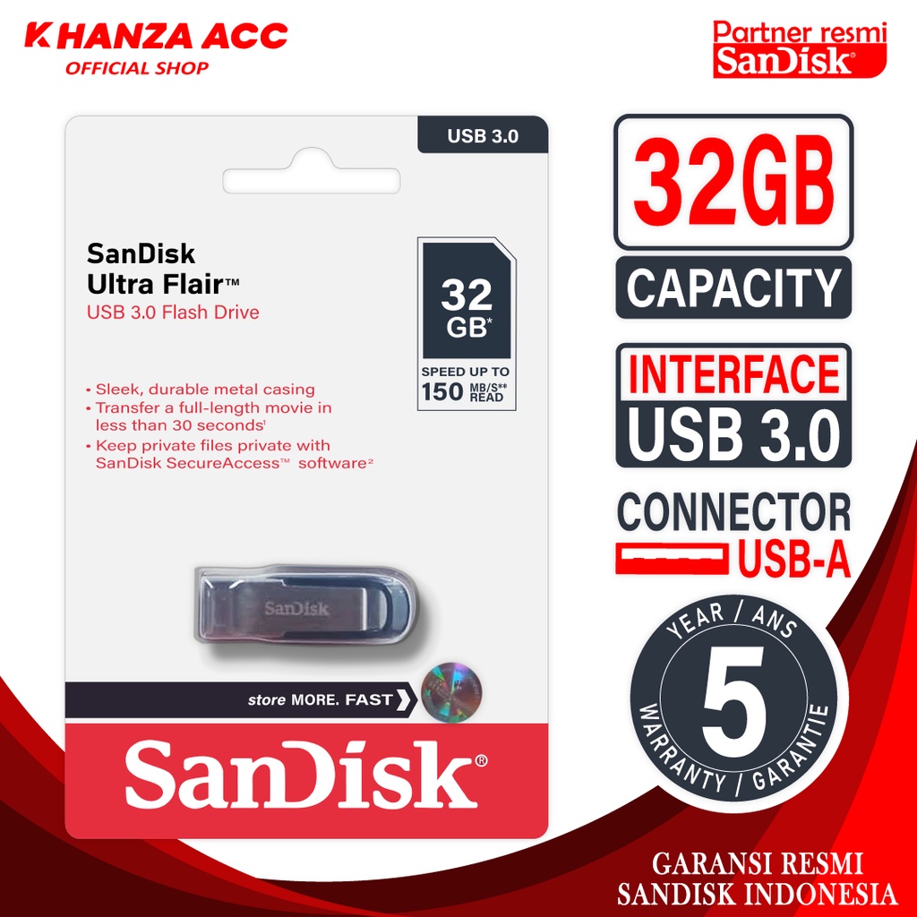 KHANZAACC SANDISK Ultra Flair Flashdisk 16GB / 32GB / 64GB / 128GB / 256GB USB 3.0 Original