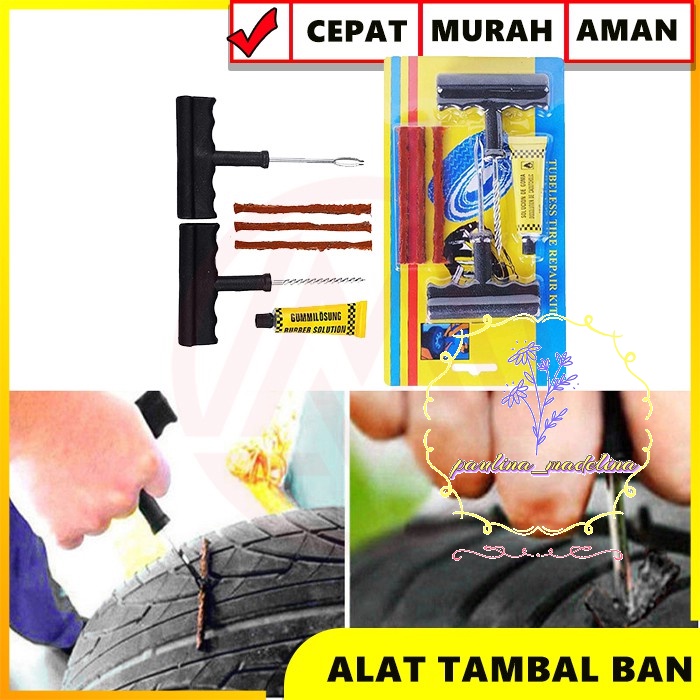 Alat tambal ban TUBELESS DI RUMAH 4 IN 1 DENGAN KARET DAN LEM PORTABLE TUBLES