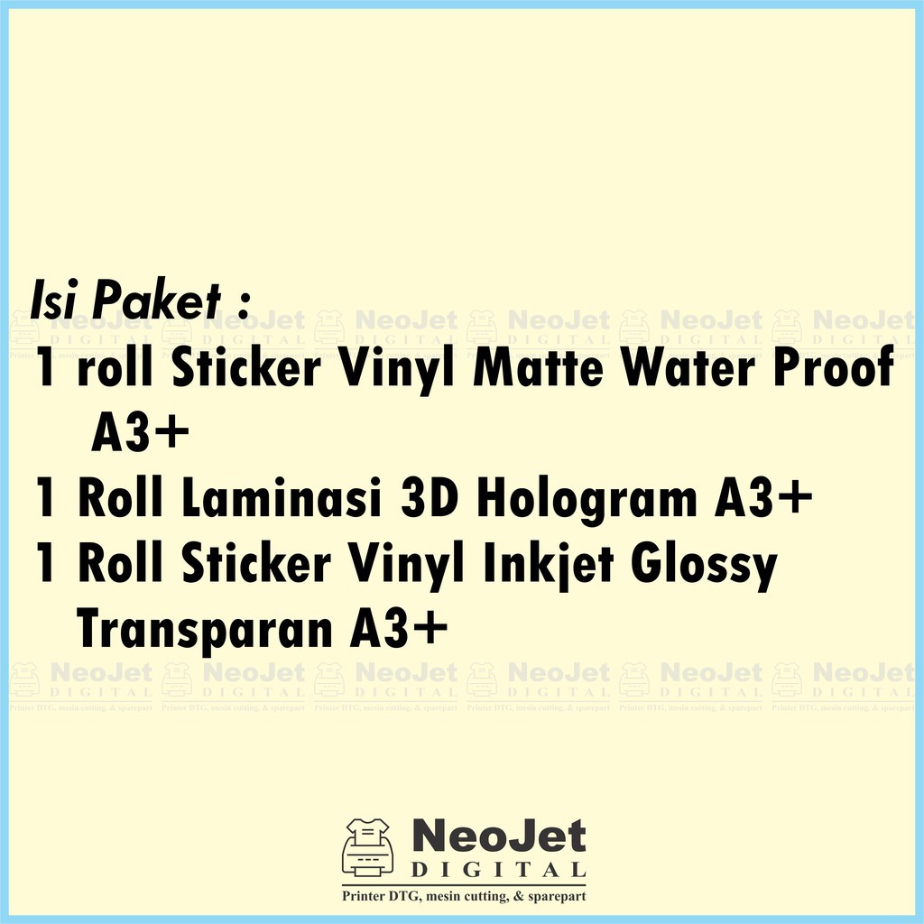 

Paket Sticker Vinyl Water Proof Laminasi 3D Hologram Sticker Vinyl Inkjet Transparan A3+ Transparent