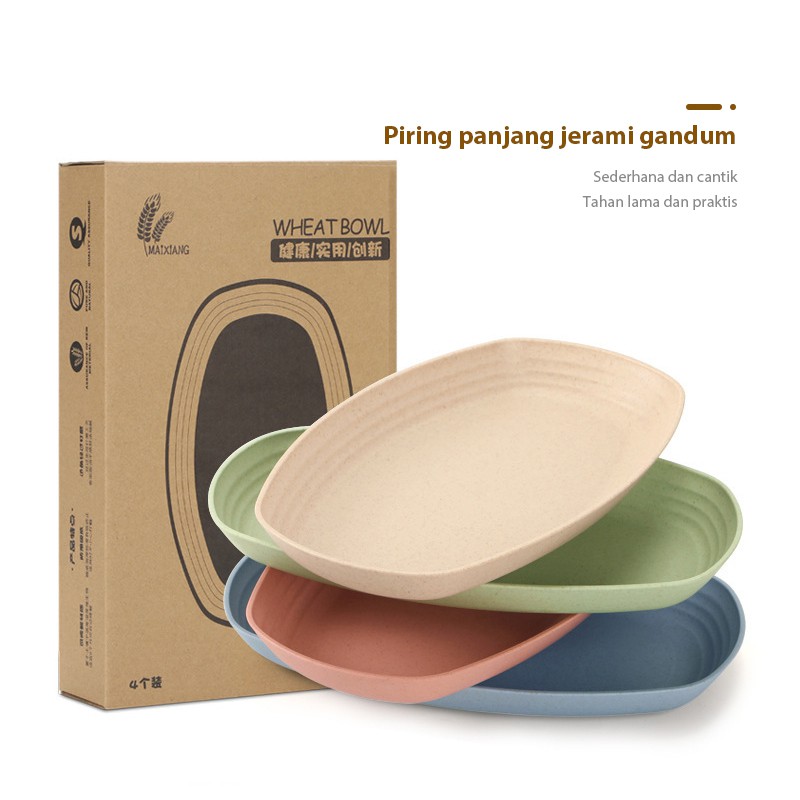 LCX 4IN1 Piring Jerami Gandum Set Piring Bentuk Oval Kotak Mix Warna Isi 4 Pcs Lonjong Dinner Plate