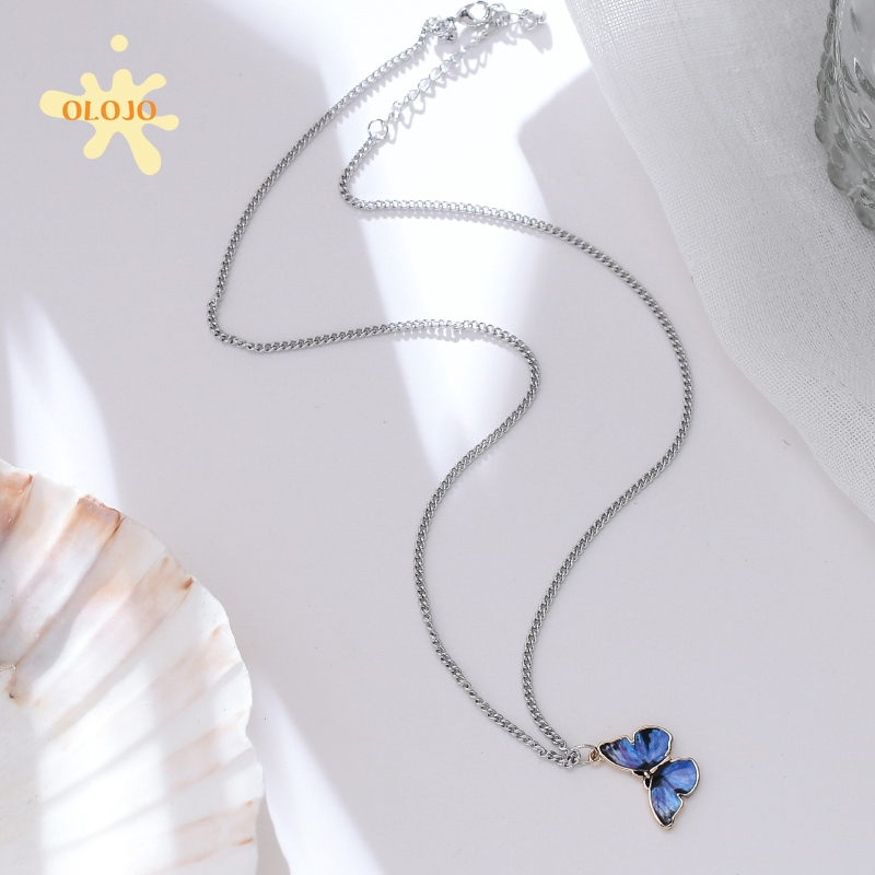 OLOJO Korea Kupu-kupu Pola Kalung Gelang Biru Butterfly Klavikula Rantai Dekorasi Perhiasan