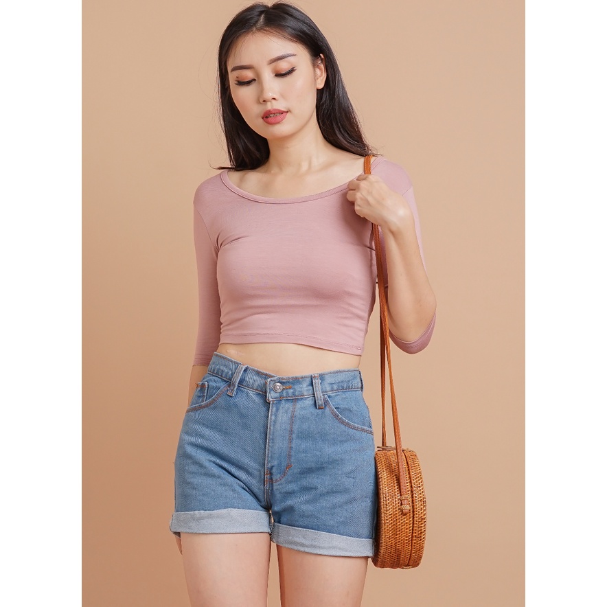 MODAVIE - ZORA Kaos Casual Plain Short Sleeve Crop Top 3/4 Baju Wanita